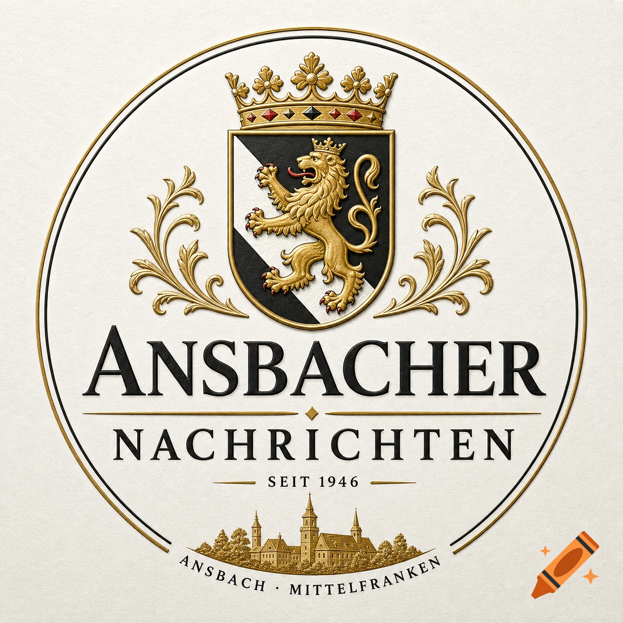 A detailed circular logo featuring a golden crowned lion on a black and white shield, text 'ANSBACHER NACHRICHTEN', and a stylized cityscape.