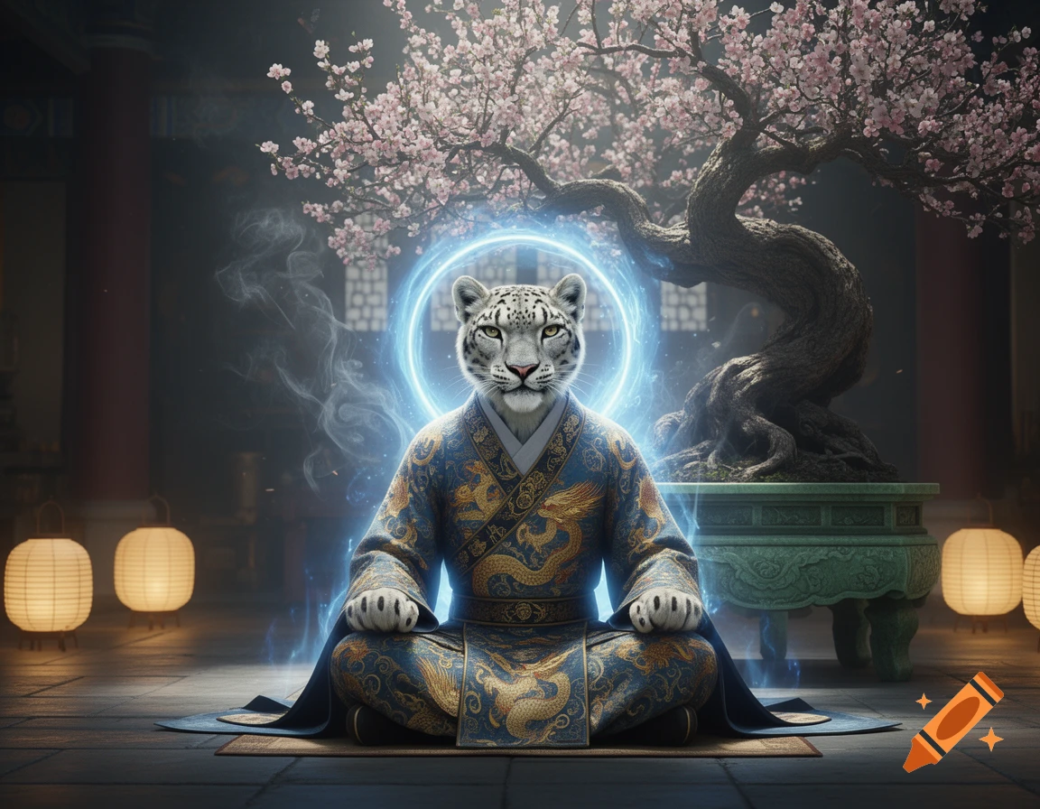 A white snow leopard creature in ornate blue and gold robes meditates with blue spiritual energy in an ancient Chinese monastery with a cherry blossom bonsai.