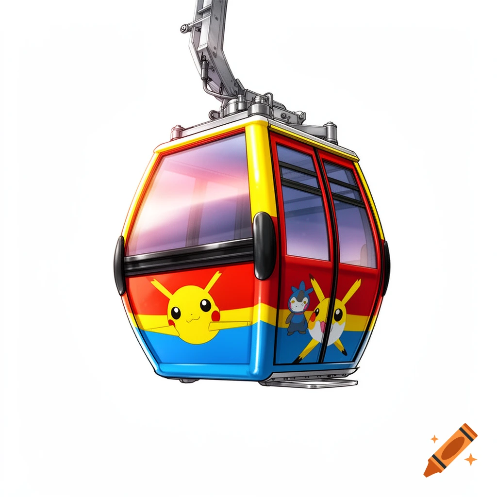 A yellow, red, and blue cable car decorated with various stylized Pokemon characters, including Pikachu, against a white background.