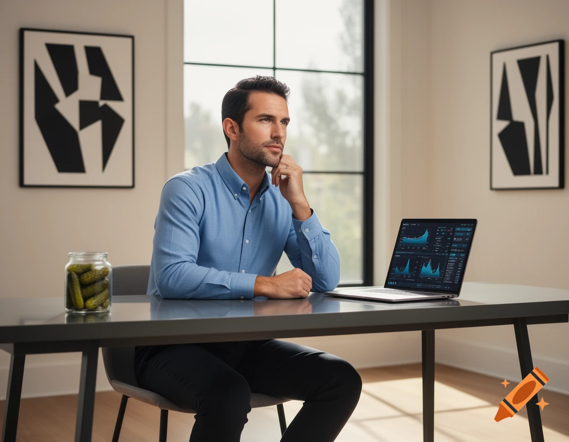Photorealistic image of a man in a blue shirt at a desk with a laptop and a jar of pickles, looking thoughtfully.