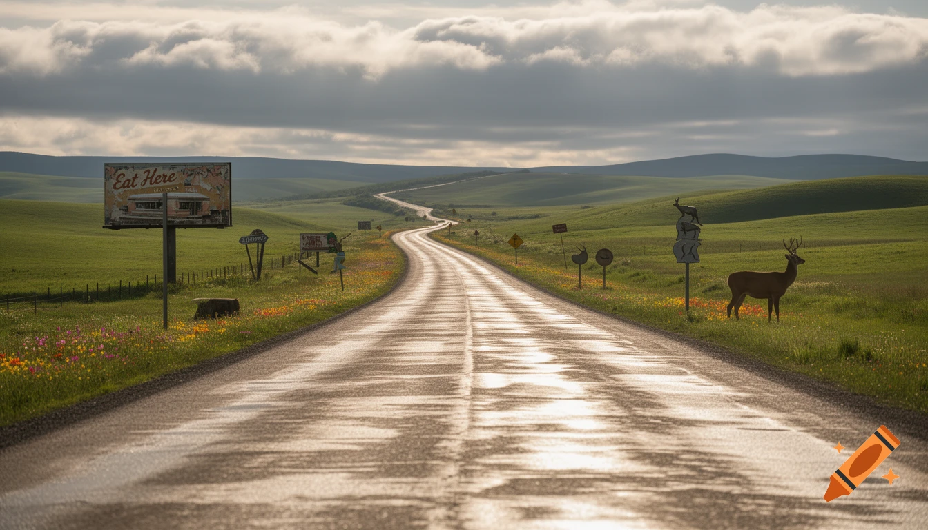 A winding wet road stretches through a green, hilly rural landscape under a cloudy sky, with billboards and a deer on the side.