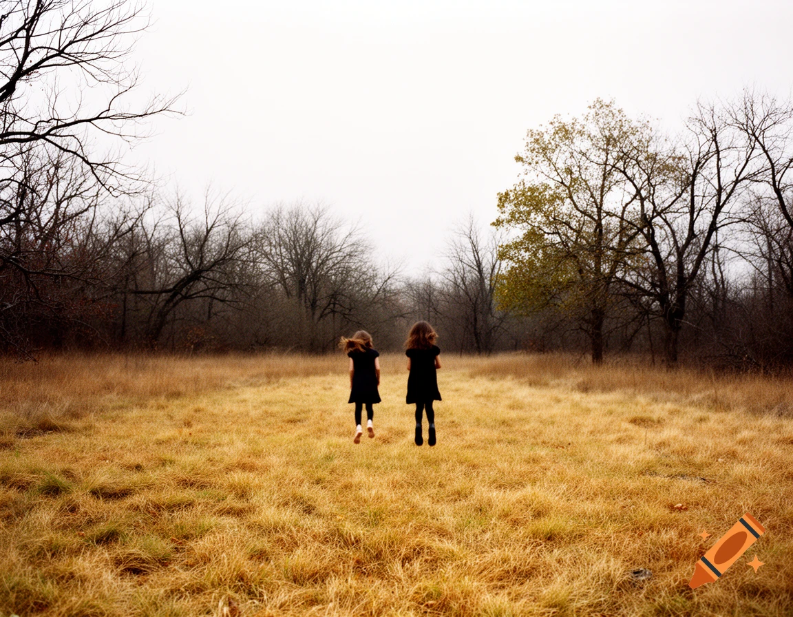Two girls, one floating, walk across a field of dry golden grass bordered by bare trees and one green tree under a hazy sky.