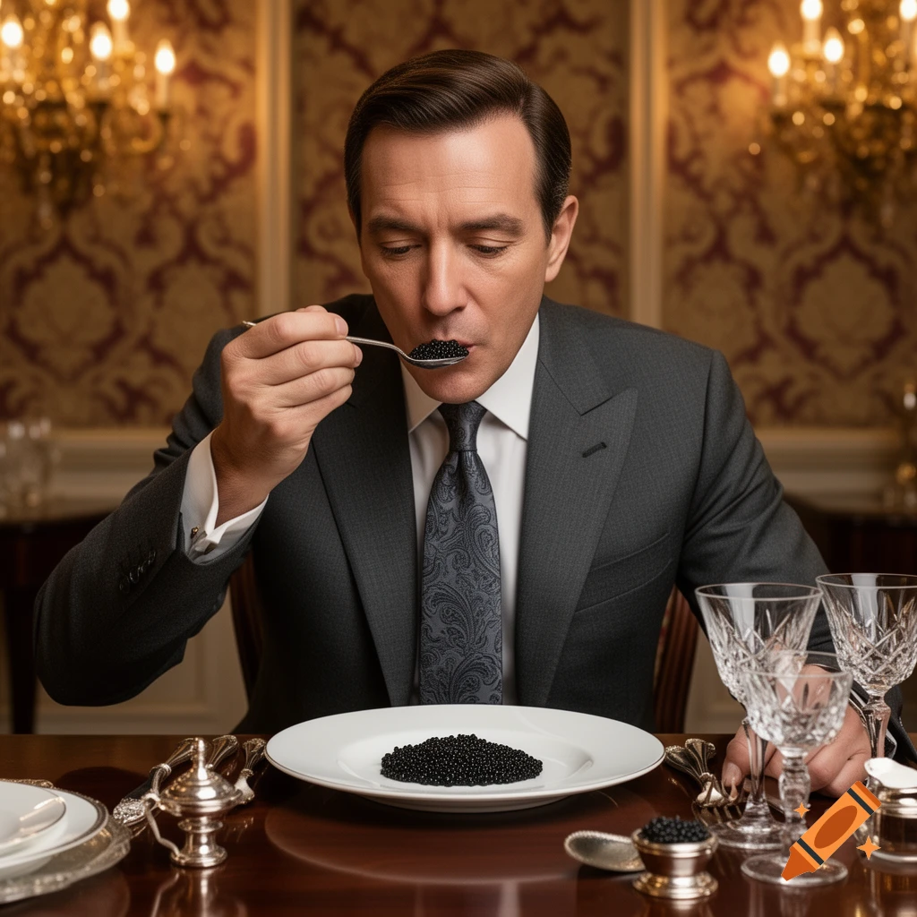 A man in a suit elegantly eats black caviar from a spoon at a luxurious dining table.