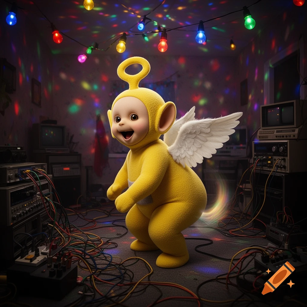 A happy yellow Teletubby with white wings squats in a cluttered room filled with disco lights, electronic equipment, and tangled wires.