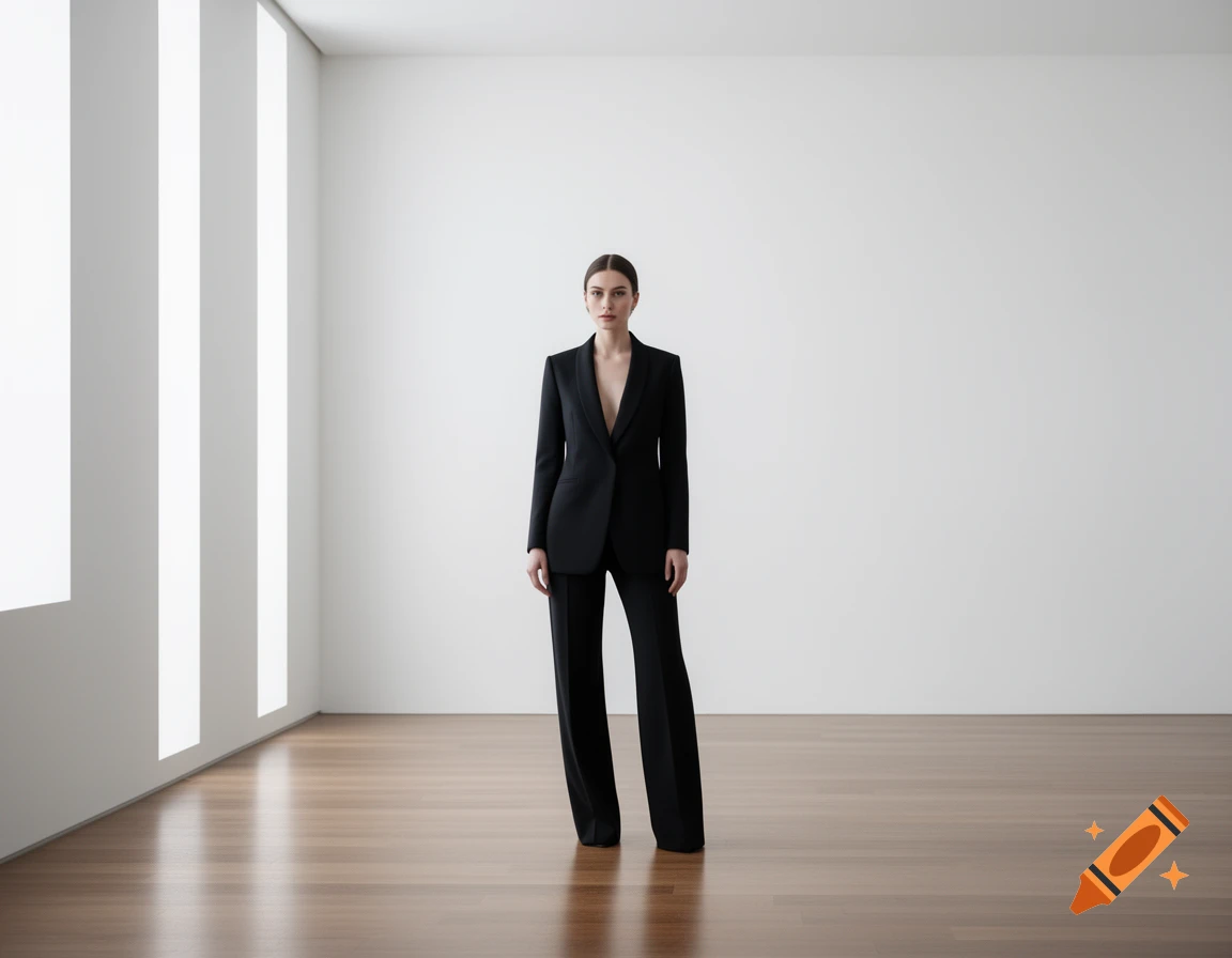 A woman in a black plunging blazer and wide-leg trousers stands in a minimalist white room with a wooden floor.