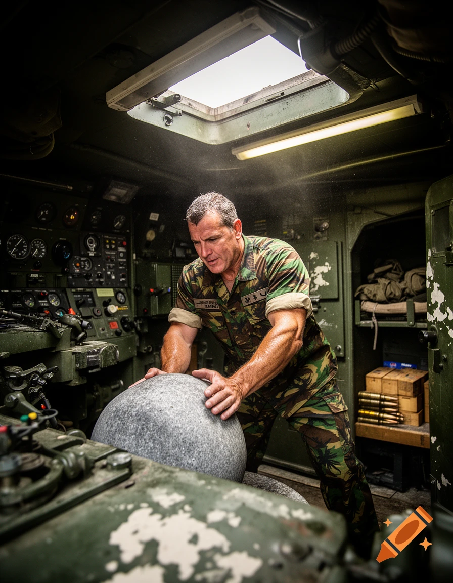 A muscular man in military fatigues intently grips a large, smooth gray stone inside a military vehicle or tank, illuminated by an overhead skylight.