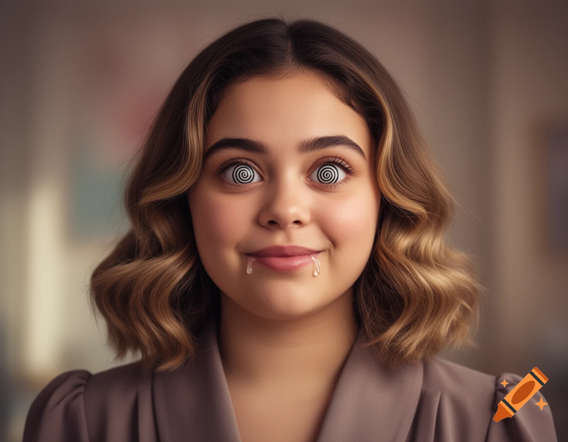 A young woman with spiral eyes and drool smiling, wearing a brown blazer.
