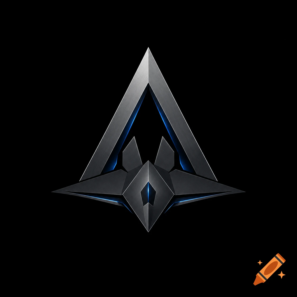 A metallic, geometric logo resembling a stylized letter A and a stealth aircraft silhouette with blue accents on a black background.