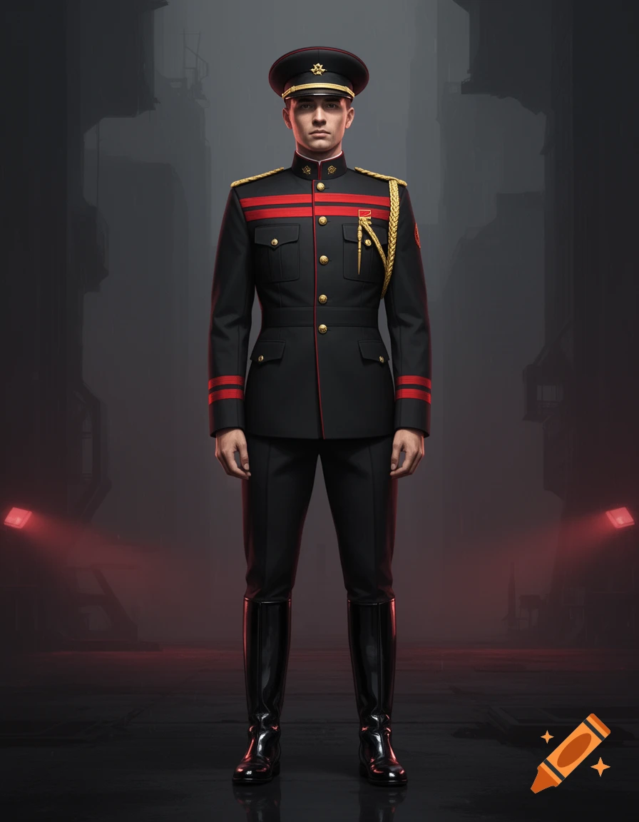 A full-body concept art portrait of a soldier in a black, red, and gold futuristic authoritarian military uniform.