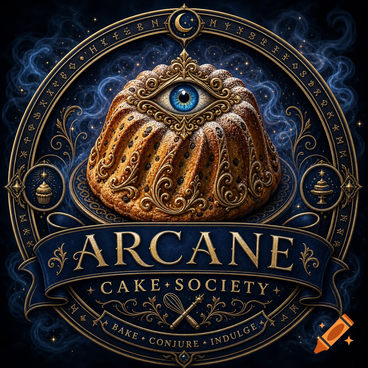 Stylized logo featuring a bundt cake adorned with a blue eye, golden filigree, and mystical symbols, against a smoky dark blue background. Text reads ARCANE CAKE SOCIETY.