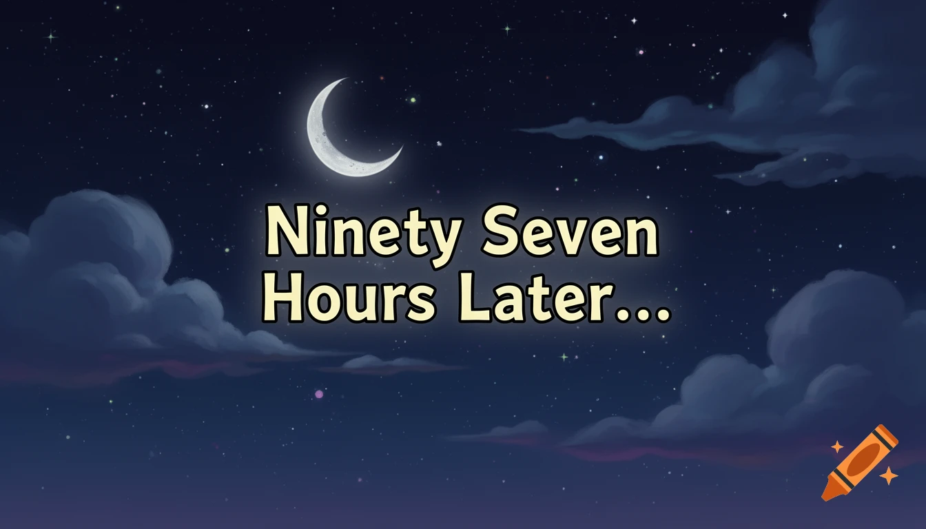 A stylized night sky with a crescent moon and clouds, featuring the text 'Ninety Seven Hours Later...'.