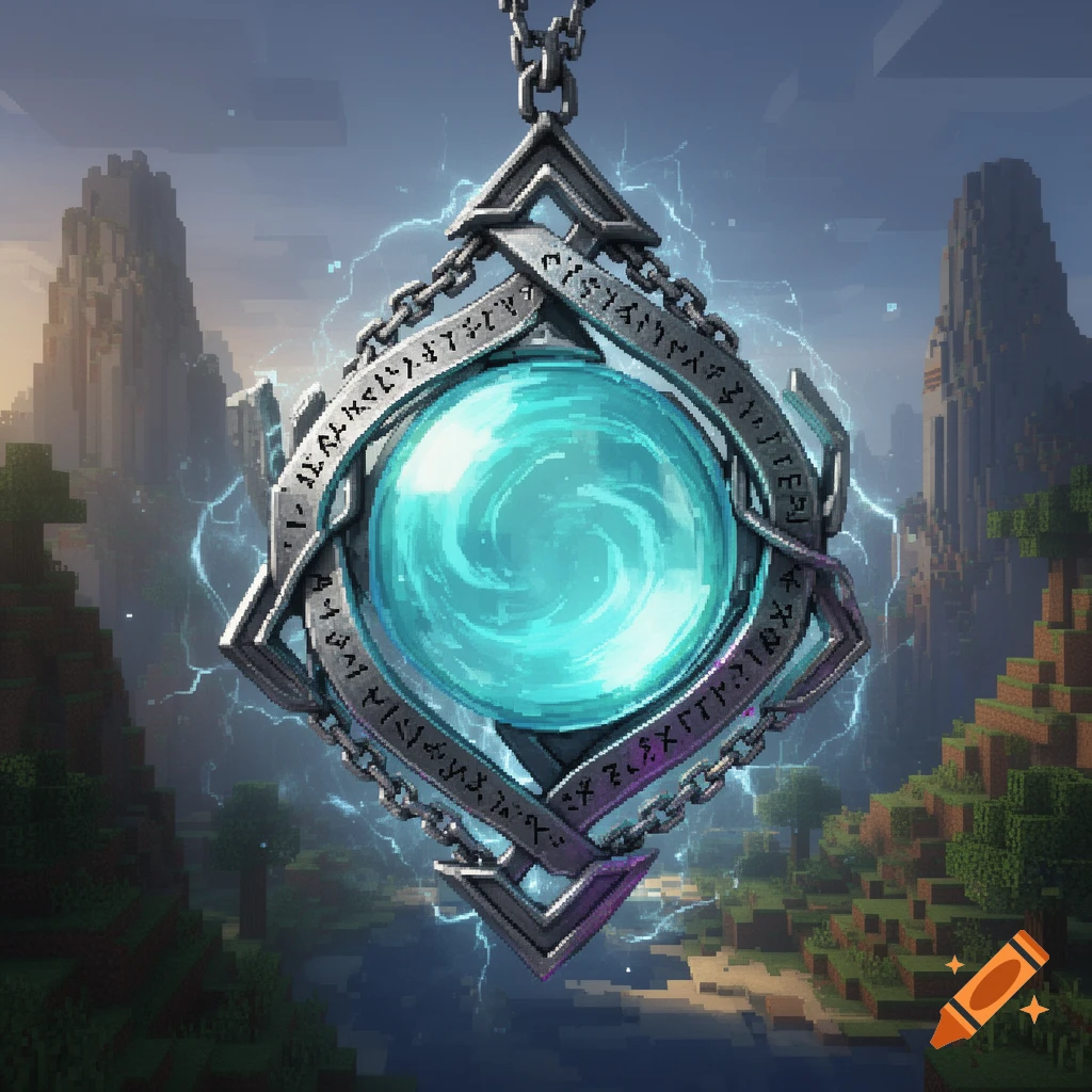 A stylized metal amulet with a glowing blue orb and carved runes, hanging over a blocky, pixelated Minecraft landscape.