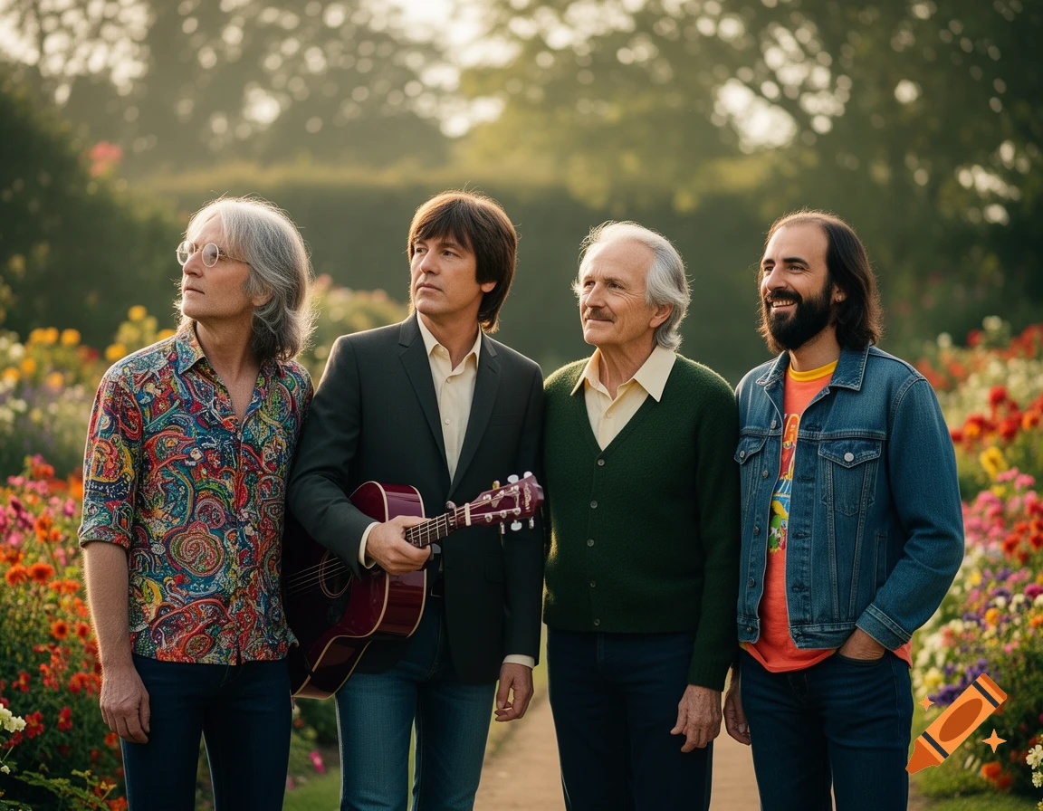 Four men resembling older Beatles members stand in a sunny flower garden, one holding an acoustic guitar.