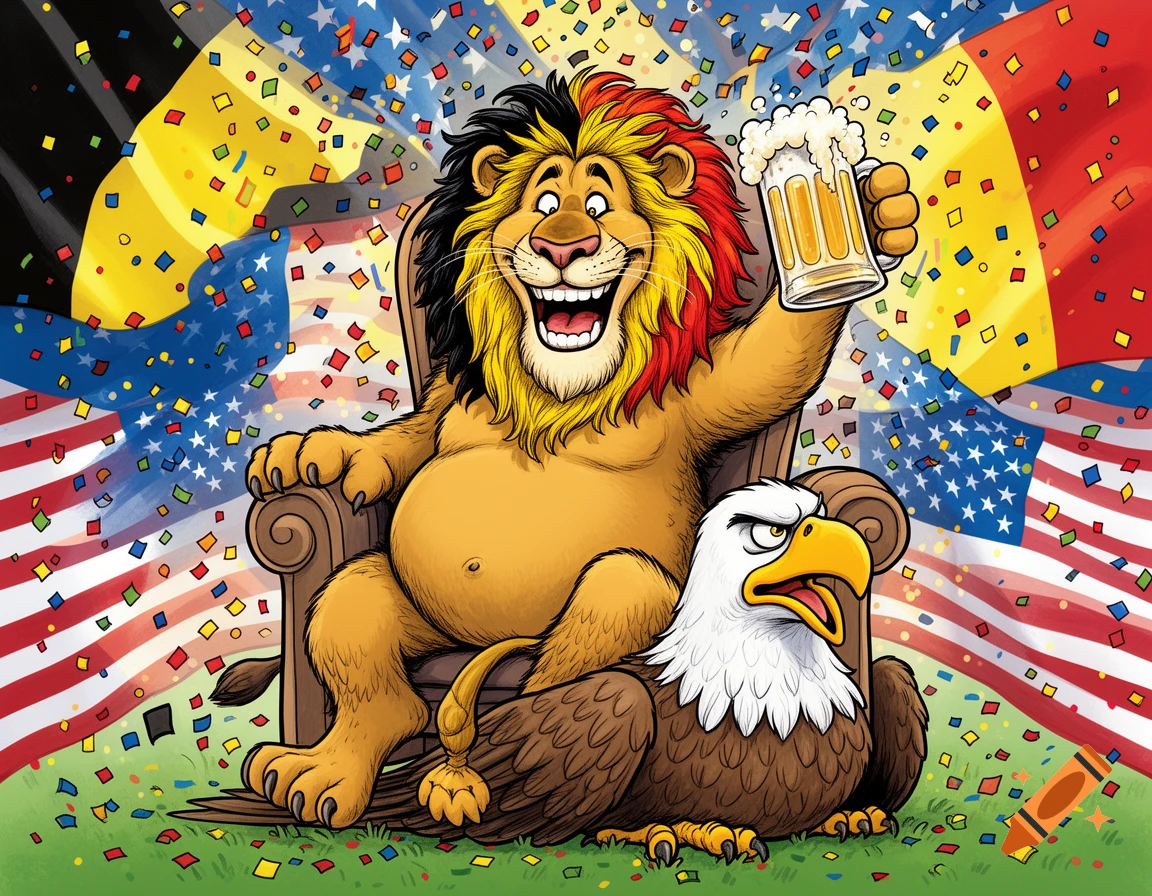 Jovial cartoon lion with a Belgian flag mane holds a beer, sitting on a grumpy bald eagle amidst US flags and confetti.