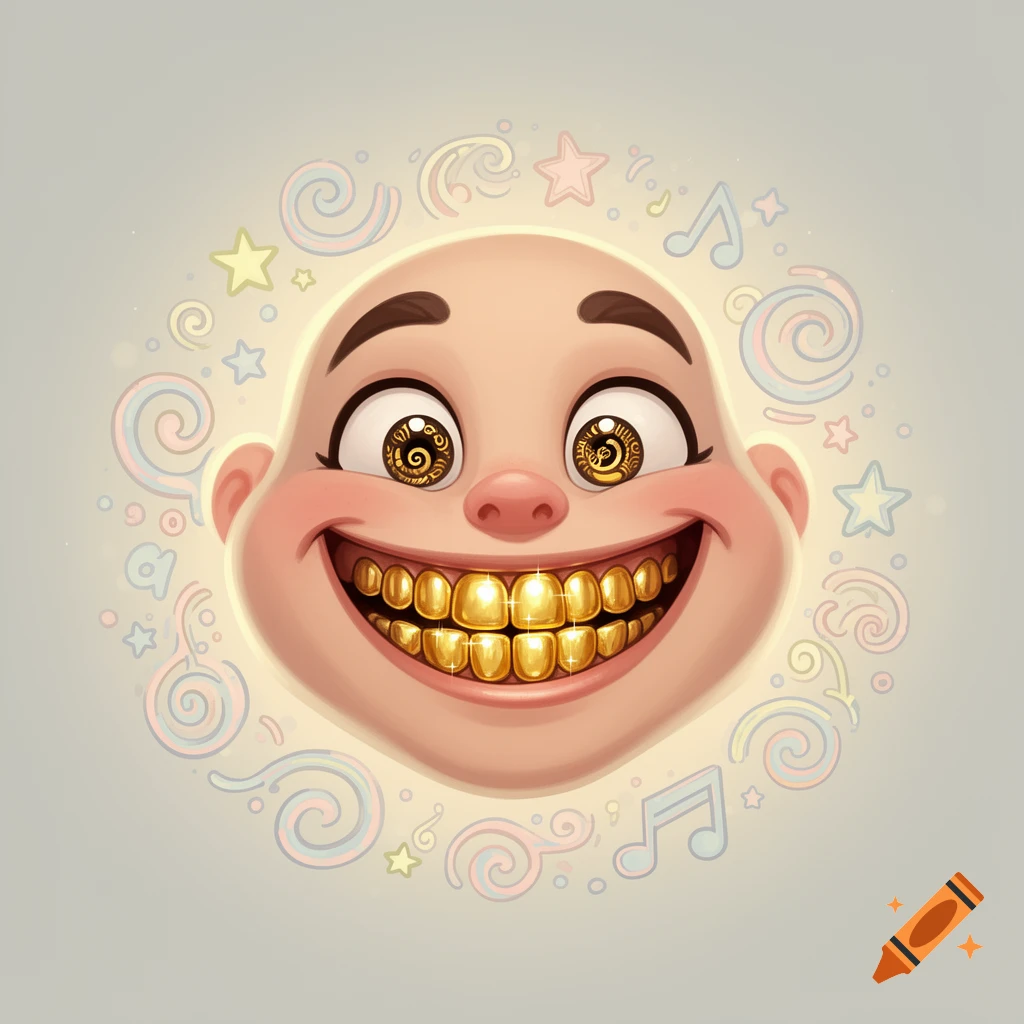 A cheerful cartoon face with big eyes and a wide smile showing shiny gold teeth, surrounded by whimsical swirls, stars, and musical notes.