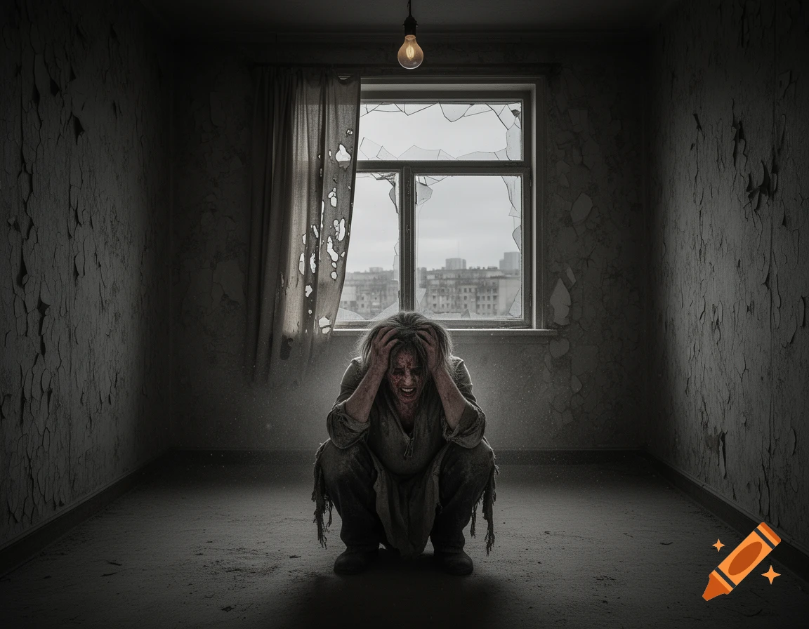 A distressed person crouches in a dark, dilapidated room with peeling paint, clutching their head, illuminated by a bare bulb. A broken window overlooks a city.