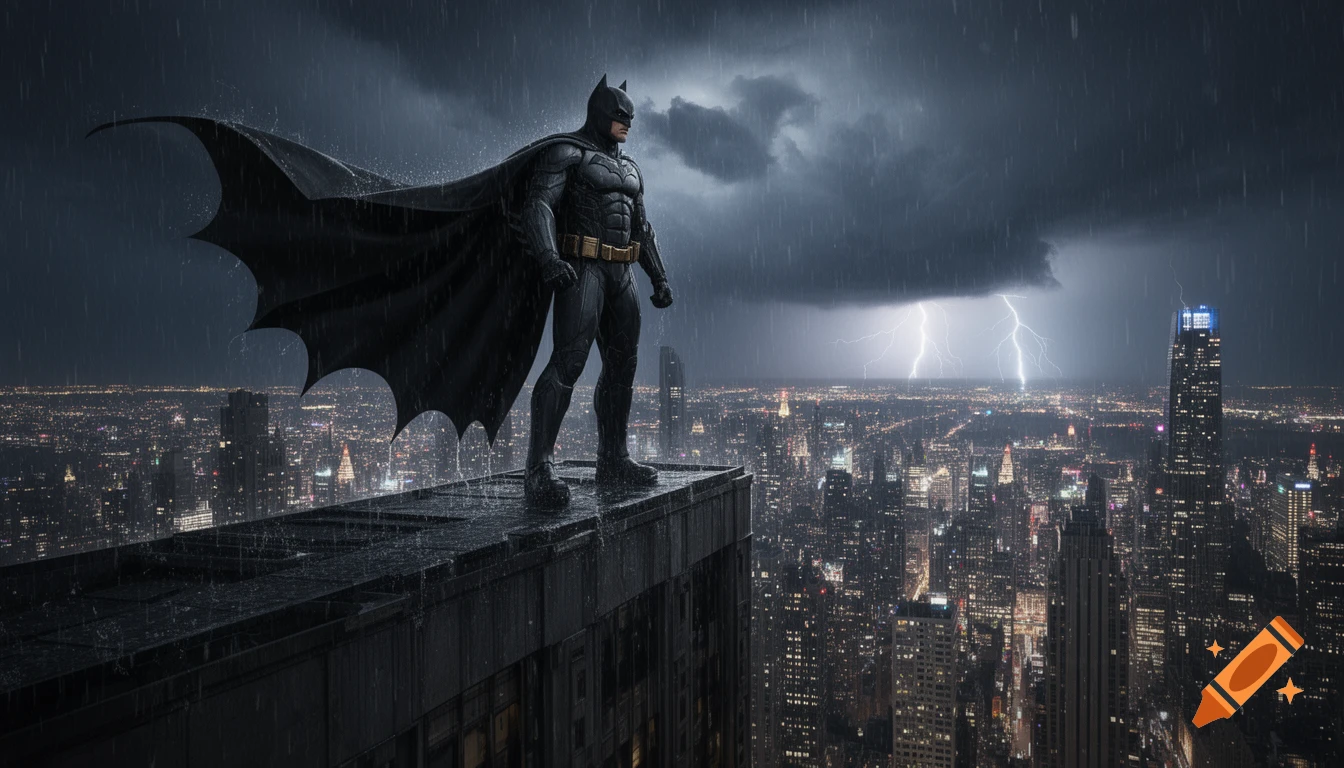 Batman stands on a rainy skyscraper rooftop overlooking a vast city skyline under a stormy sky with lightning.