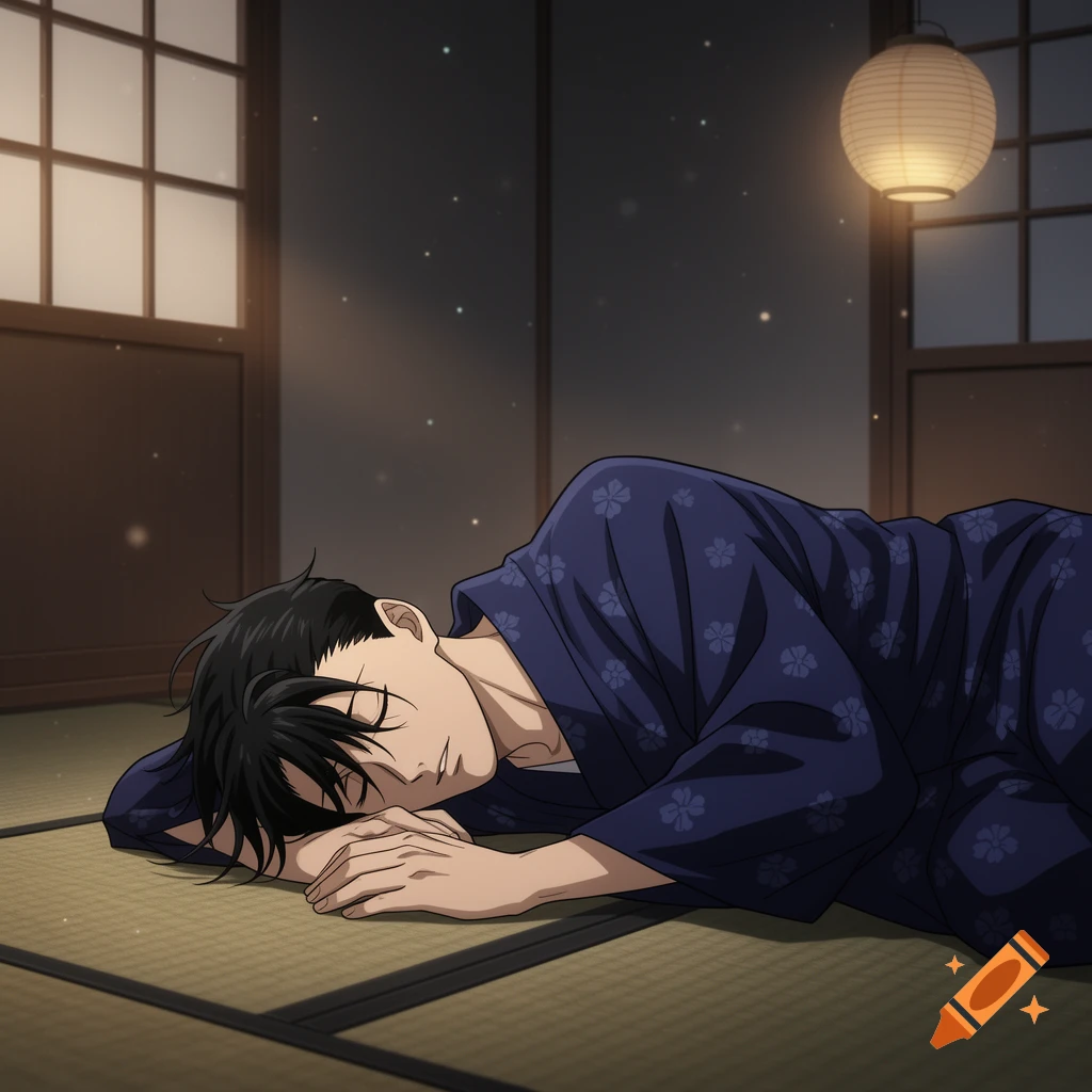 Anime man sleeping on a tatami mat floor in a dim Japanese room with a paper lantern.