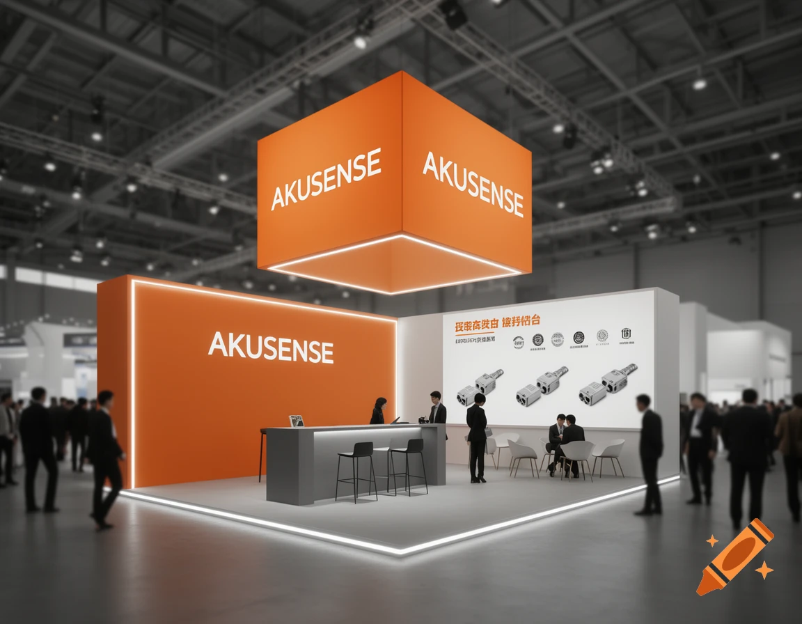 Photorealistic tech exhibition booth with orange AKUSENSE branding, a reception desk, product displays, and blurred attendees.