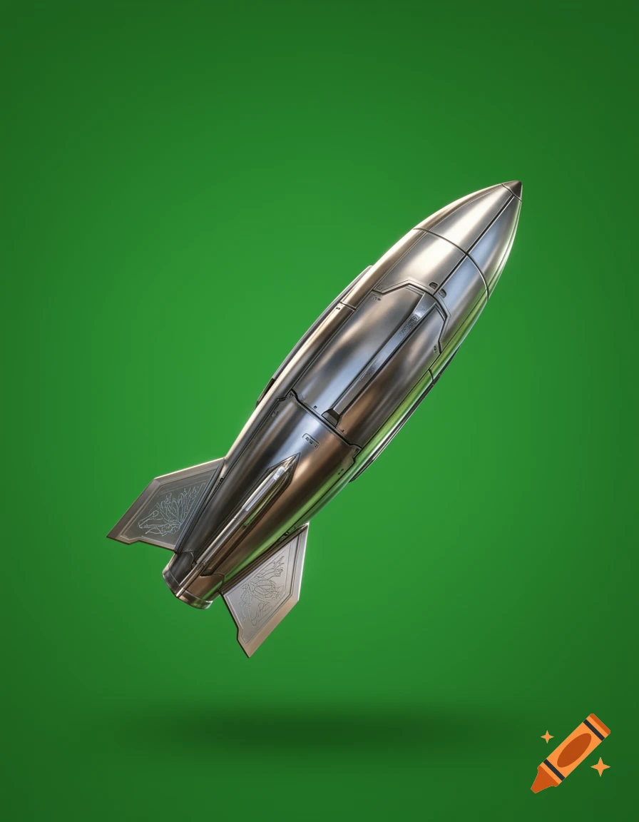 A sleek, metallic rocket with intricate details against a vibrant green background, designed for a video game.