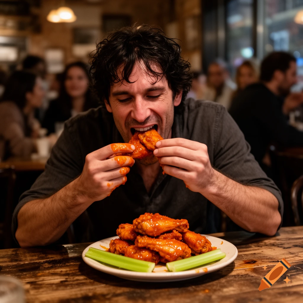 A man with messy hair eagerly eats saucy buffalo wings from a plate with celery at a wooden table in a restaurant.