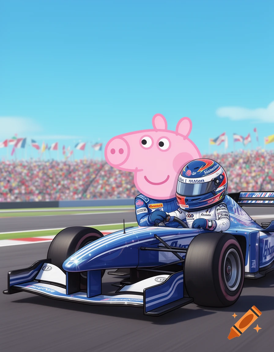 Peppa Pig's head behind a race car driver in a blue Formula 1 car on a track, with a grandstand and flags.