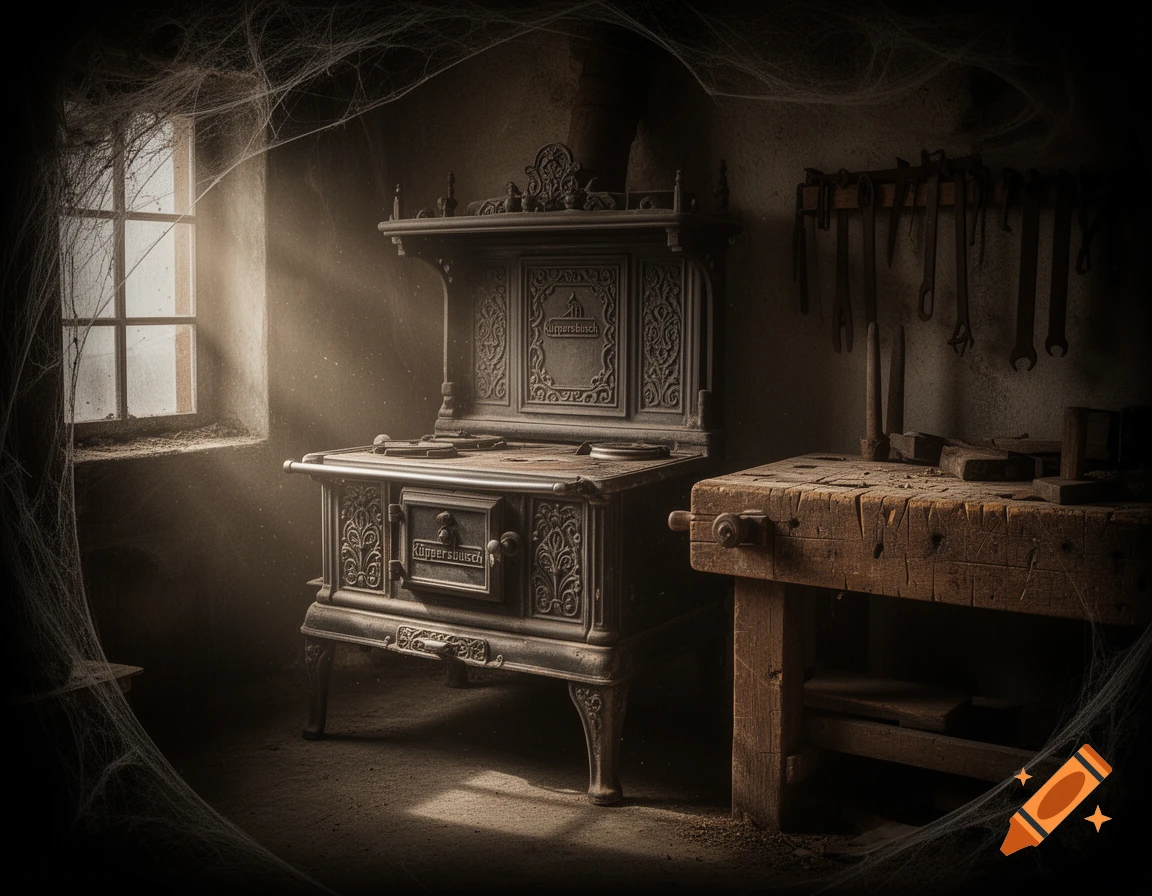 An antique Küppersbusch stove next to an old wooden workbench in a dusty, spiderweb-filled room, illuminated by light from a window.
