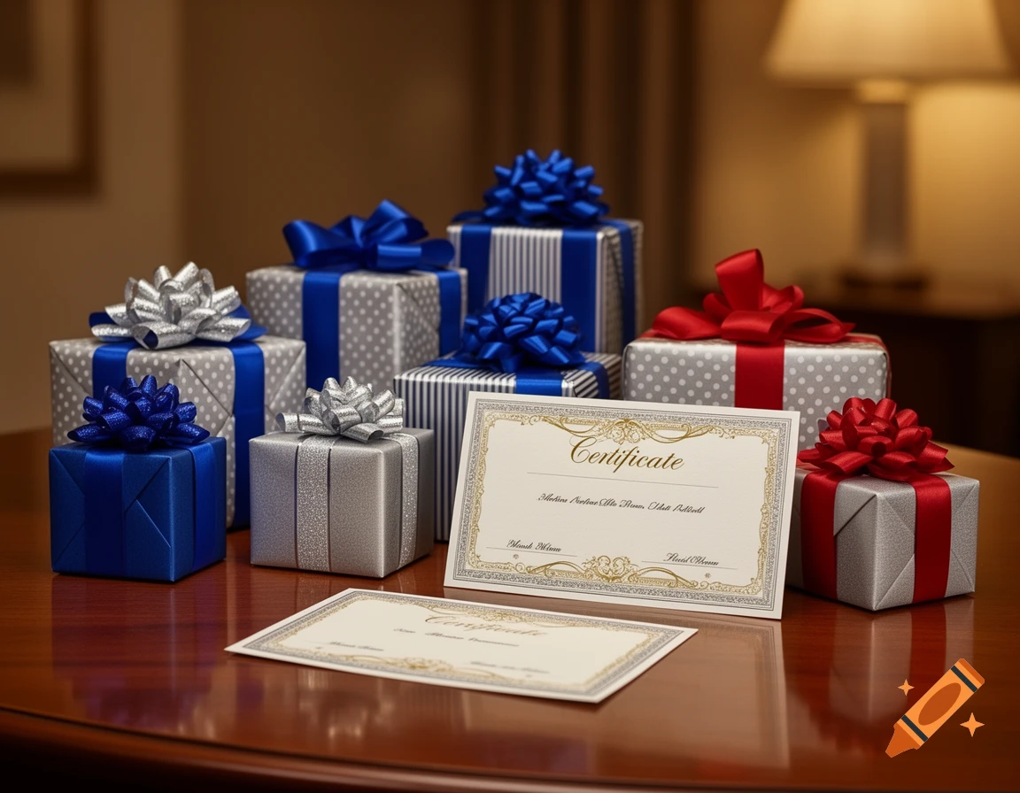 A collection of wrapped gifts with blue, silver, and red ribbons on a polished wooden table, alongside two certificates.