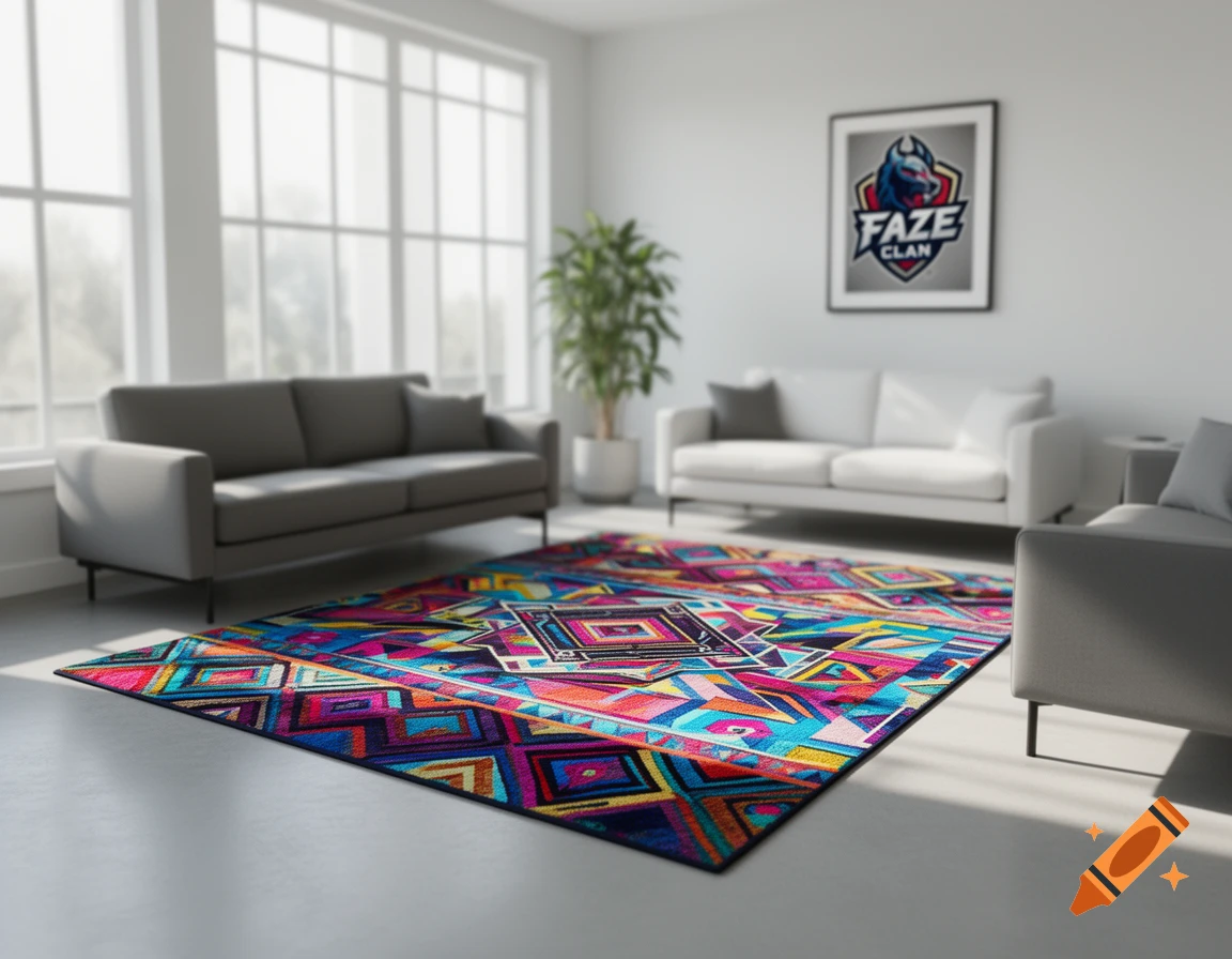 A modern living room with gray sofas, a potted plant, and a vibrant, colorful geometric rug on a light floor.