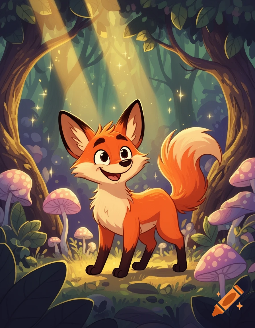 A happy cartoon fox with orange fur stands in a whimsical forest with pink mushrooms and sparkling sunlight.