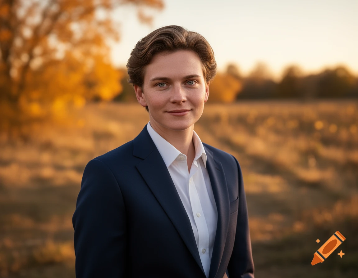 Photorealistic portrait of a person with short wavy hair and blue eyes, wearing a dark suit and white shirt, standing in a sunlit autumnal field.