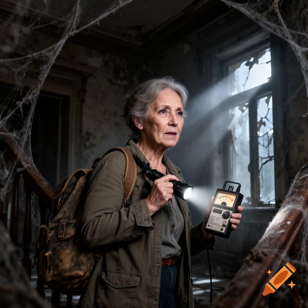 An older woman explores a cobweb-filled abandoned building, holding a flashlight and a ghost-hunting device, bathed in a beam of light from a broken window.