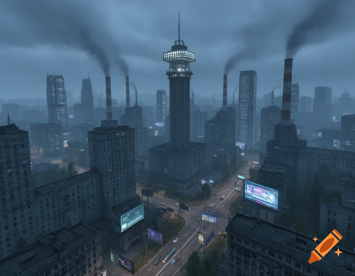 A dark, industrial city under a cloudy sky, with a tall central tower, buildings, smoking factory chimneys, and glowing billboards.