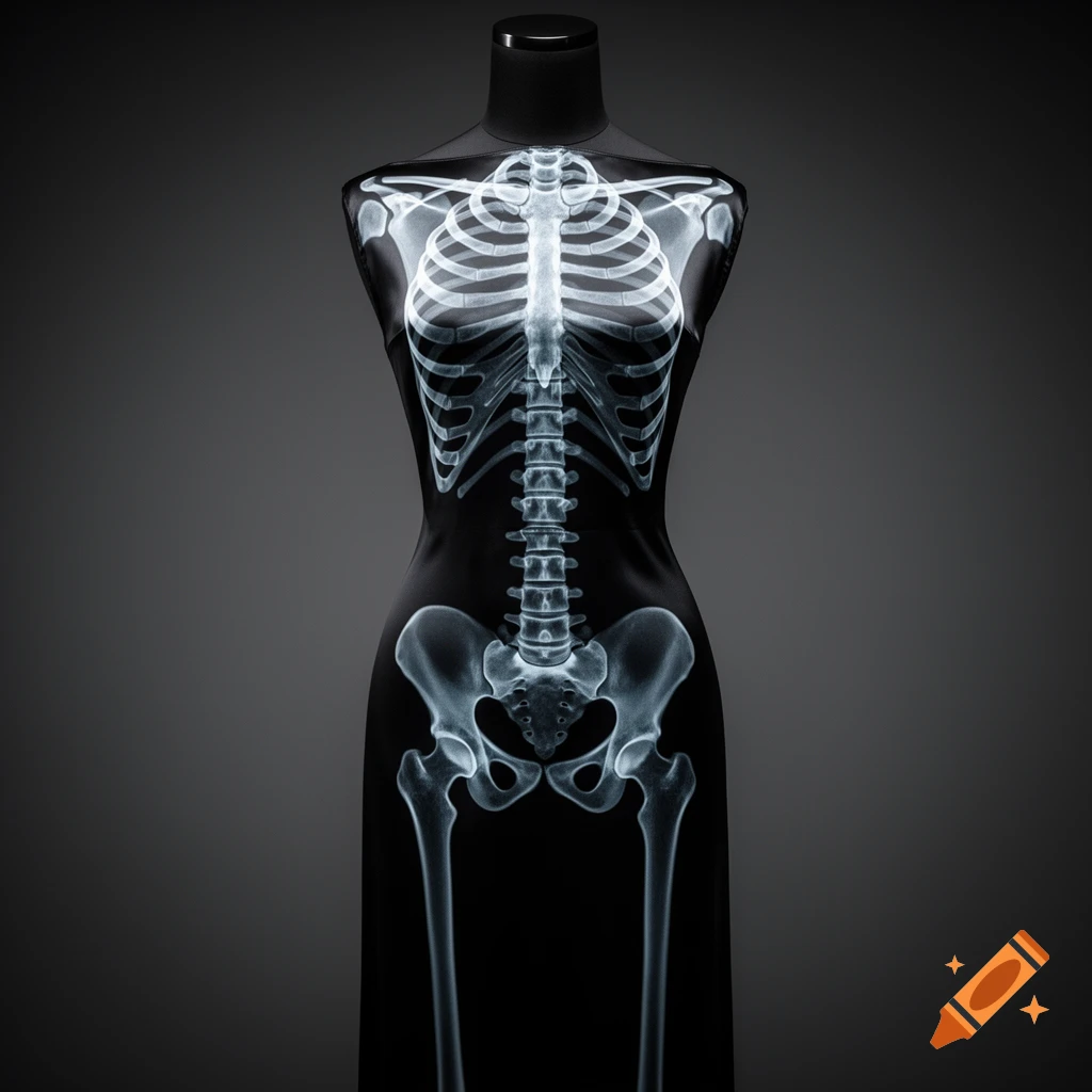 A black mannequin wearing a dress with an X-ray image of a human skeleton printed on it.