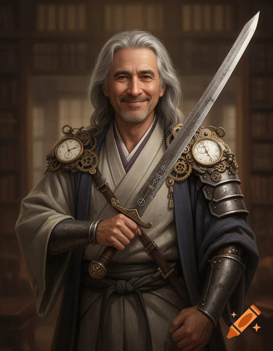 Smiling older man with gray hair and beard, wearing a kimono and steampunk armor with gears, holding a sword in a library.