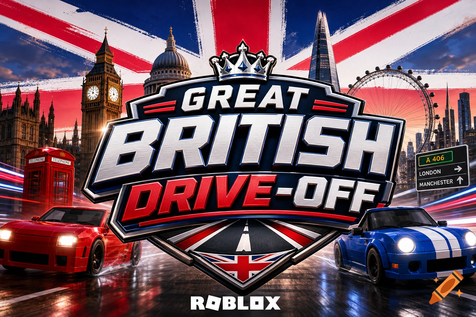 A vibrant Great British Drive-OFF and Roblox logo with London landmarks, a Union Jack sky, and two racing sports cars.