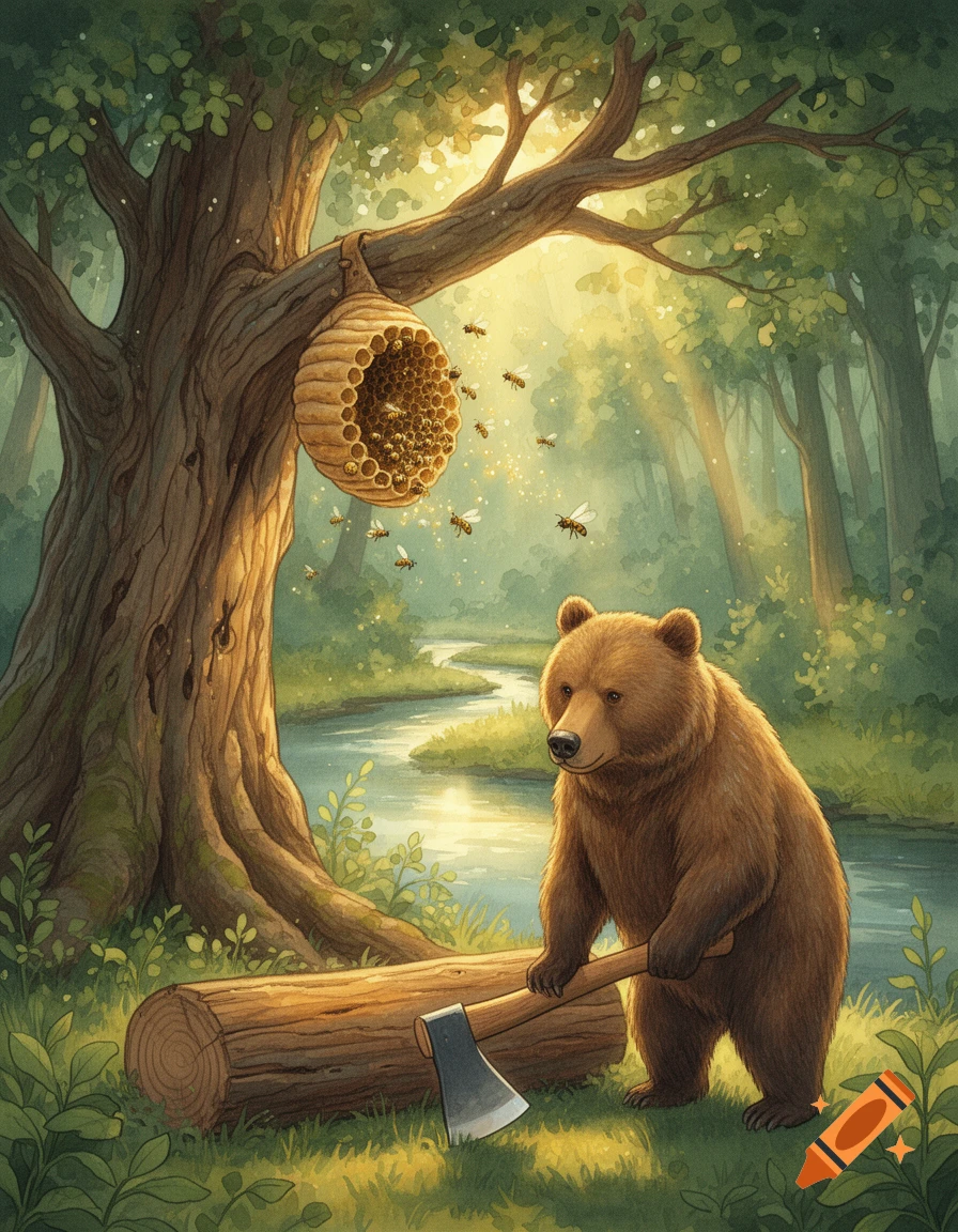 A brown bear stands with an axe next to a log in a sunlit forest by a river, below a beehive hanging from a tree, with bees flying around, in a whimsical watercolor style.