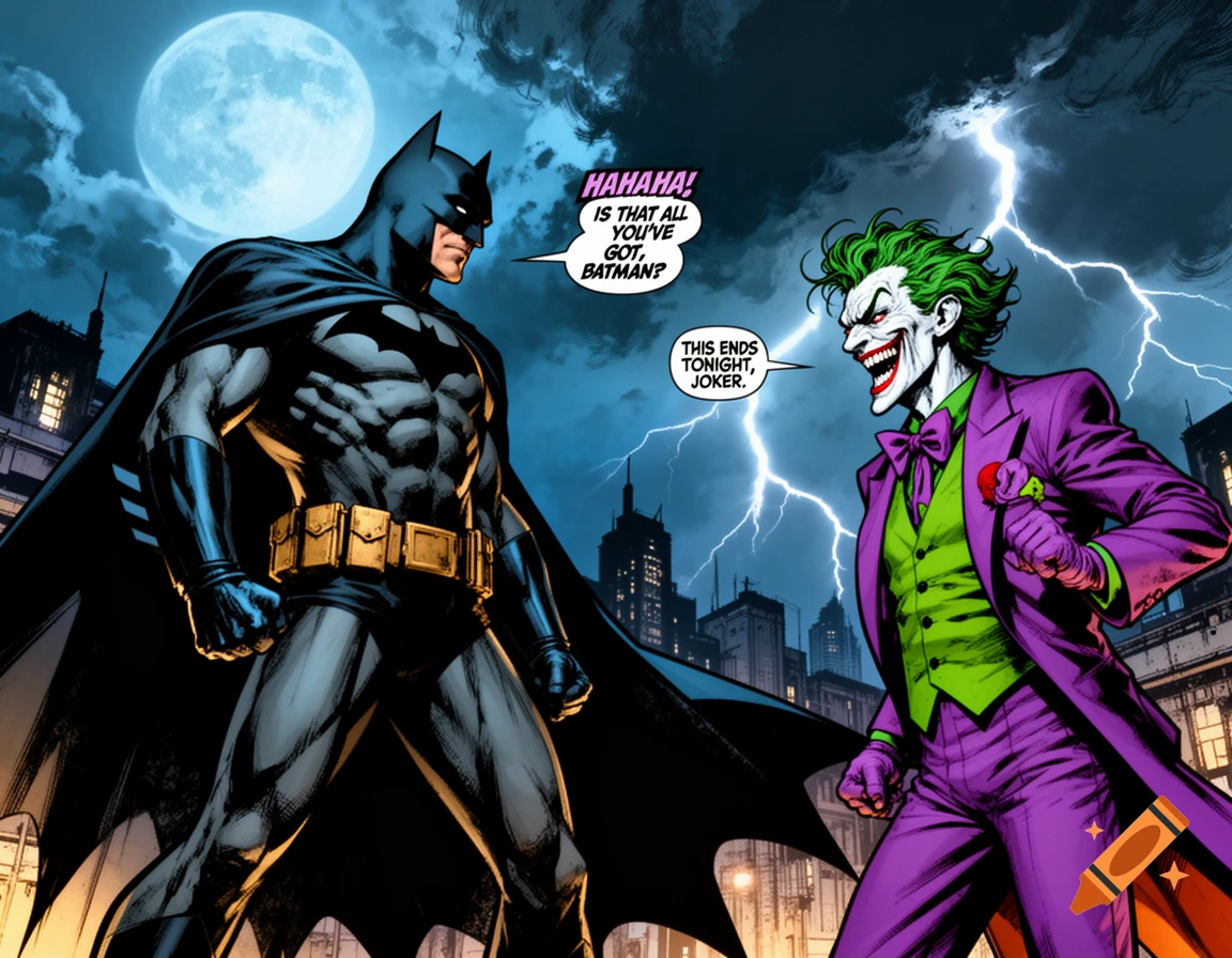 Batman and the Joker confront each other in a dynamic comic book panel under a stormy, moonlit sky with lightning.