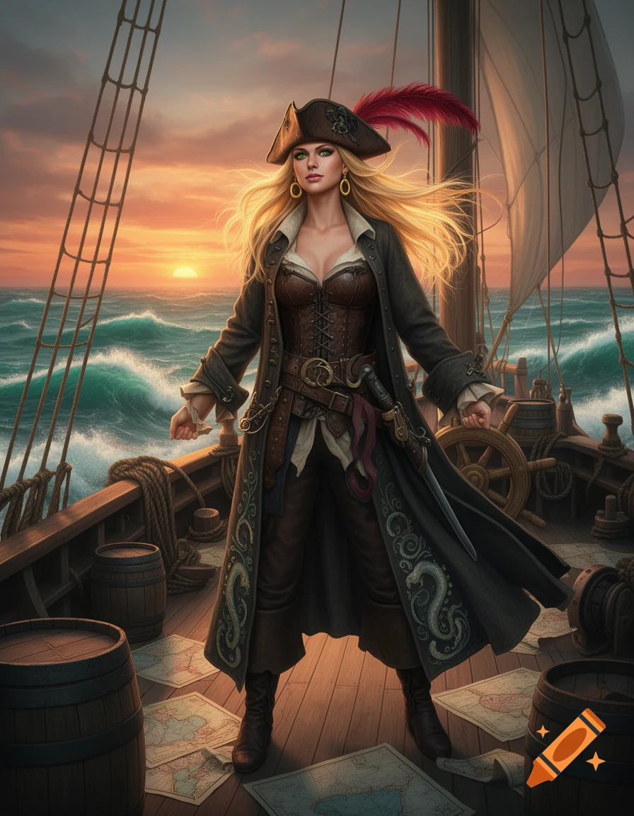 A blonde pirate woman with green eyes stands confidently on the deck of a ship at sunset, with a turbulent ocean in the background.