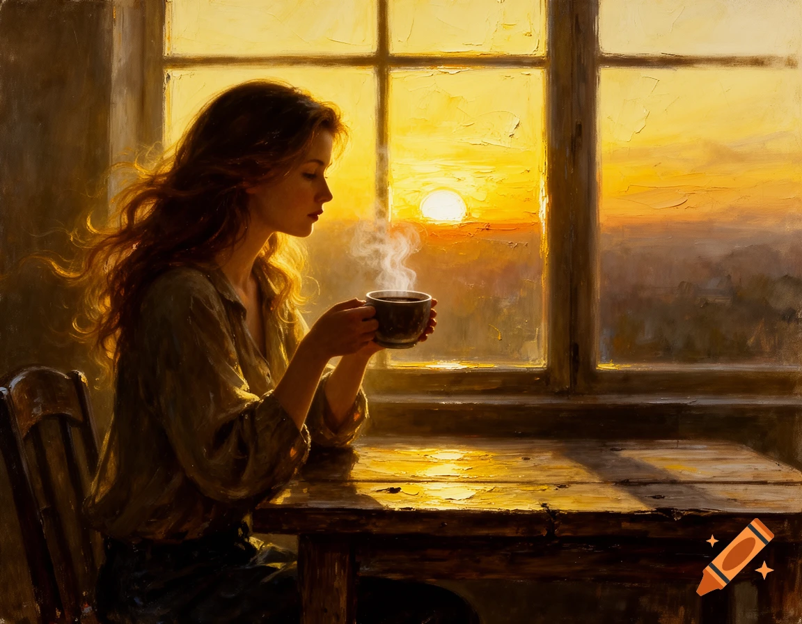 Painterly portrait of a woman with long hair, backlit by a golden sunrise through a window, holding a steaming coffee cup.