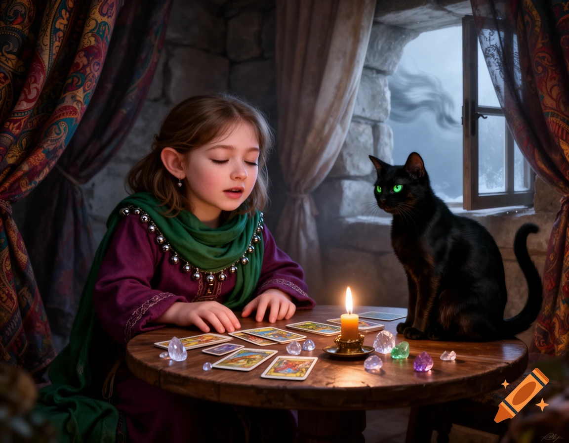 A young halfling fortune-teller in purple and green sits at a wooden table with tarot cards, crystals, and a candle, next to a black cat with glowing green eyes in a stone room at night.