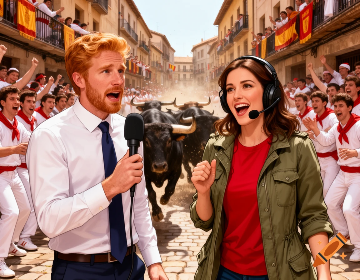Cartoon news anchors report from the Running of the Bulls in Spain, with bulls and crowds in the background.