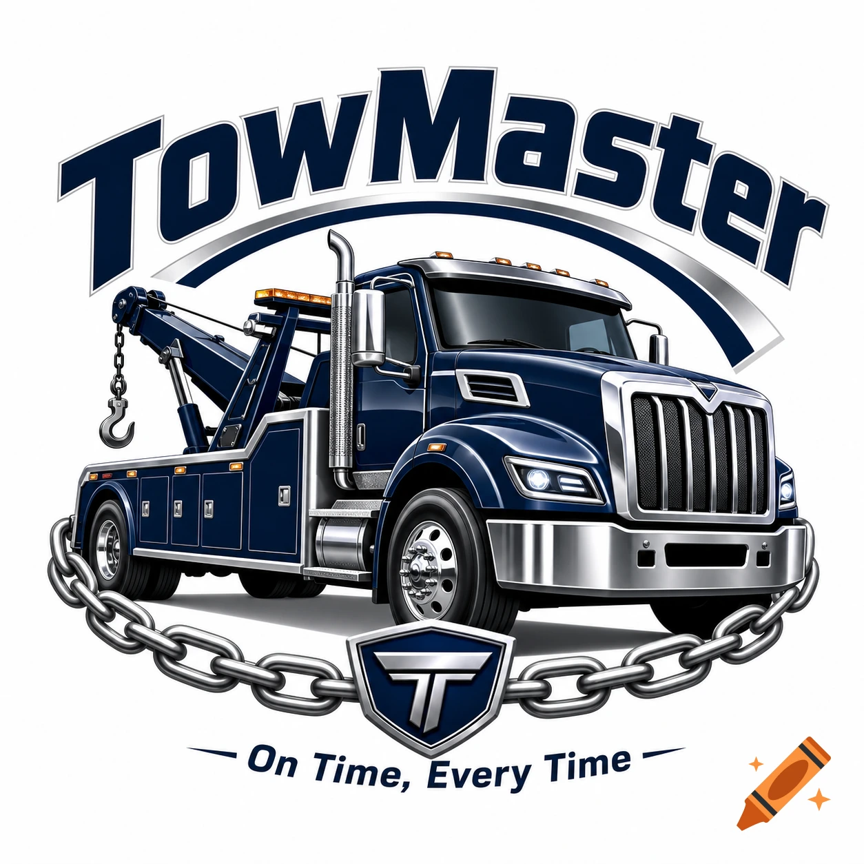 Stylized blue tow truck logo with text 'TowMaster' and 'On Time, Every Time' surrounded by a metal chain.