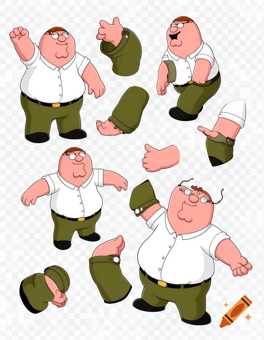 Cartoon character Peter Griffin, in his signature white shirt and green pants, shown in three full-body poses and as separate body parts like limbs and torso assets against a transparent background.