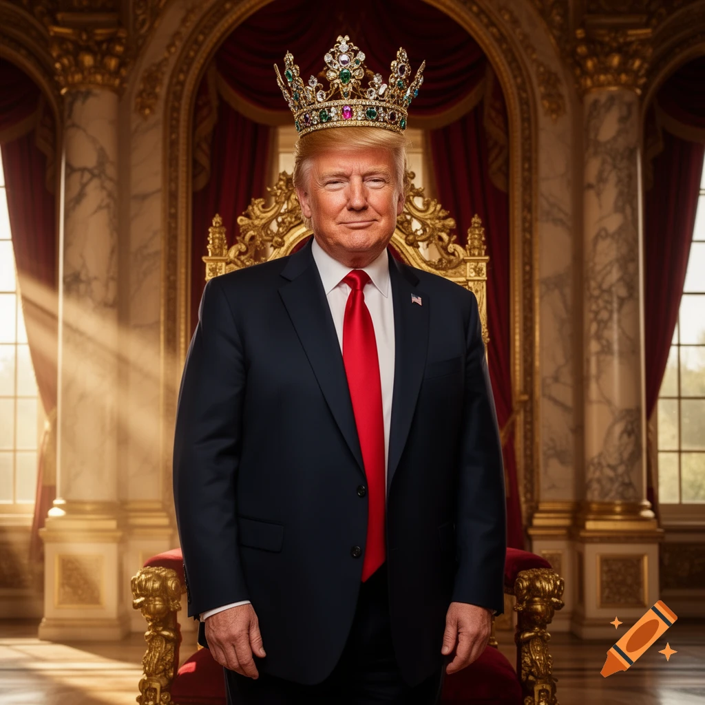 Photorealistic portrait of Donald Trump standing in a grand throne room, wearing a dark suit, red tie, and a jeweled crown.
