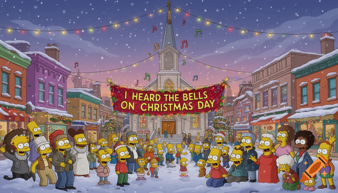 The Simpsons characters caroling in a snowy town square in front of a church with a Christmas banner, in cartoon style.
