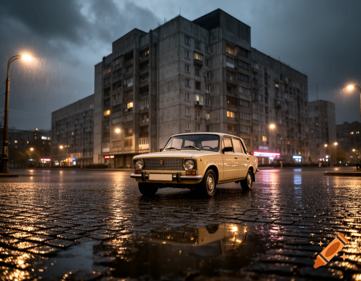 A beige Lada car on a wet cobblestone street at night, with brutalist apartment buildings and streetlights under a rainy sky.