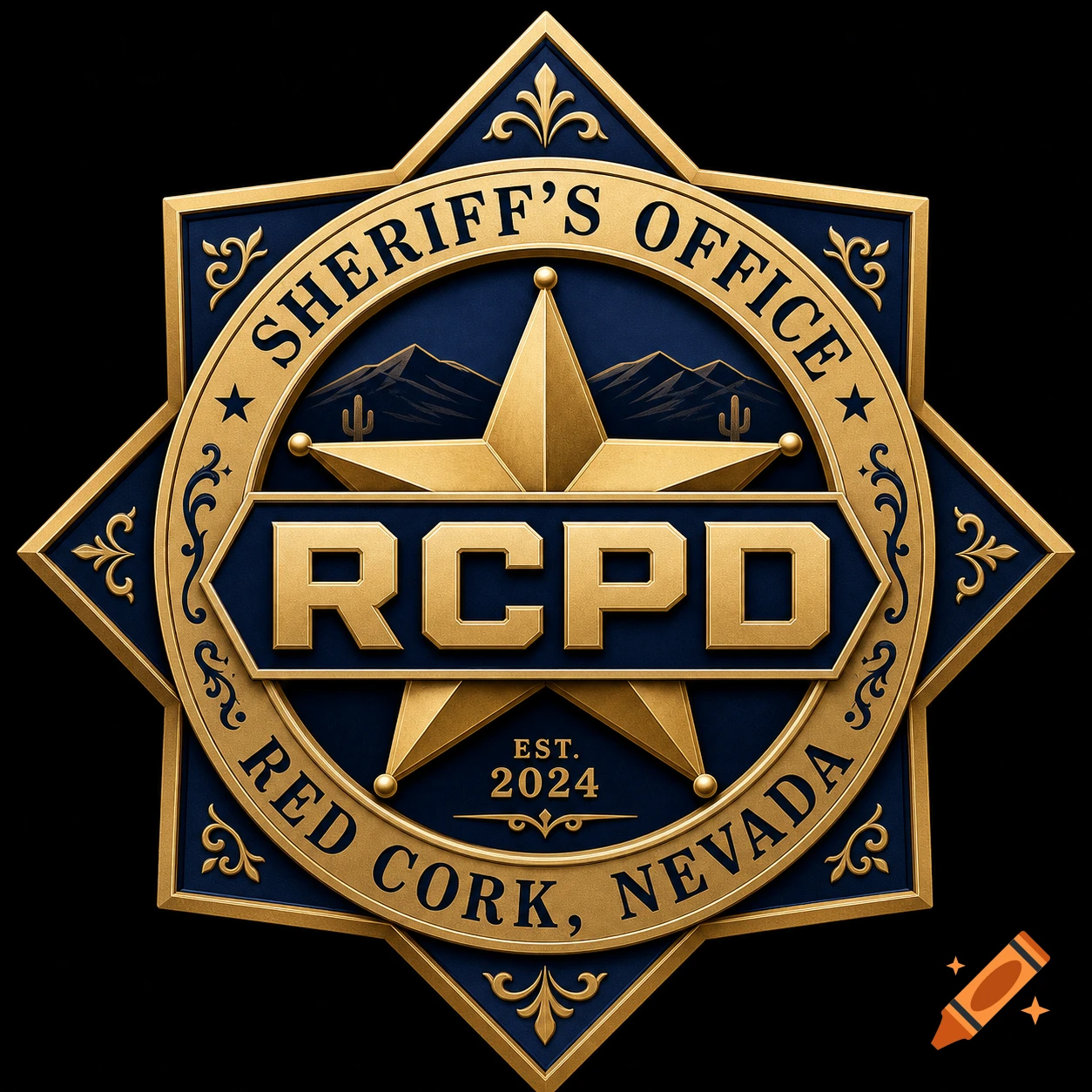 Gold and blue sheriff's badge with "SHERIFF'S OFFICE", "RCPD", "RED CORK, NEVADA" text, featuring a star, mountains, and a cactus.