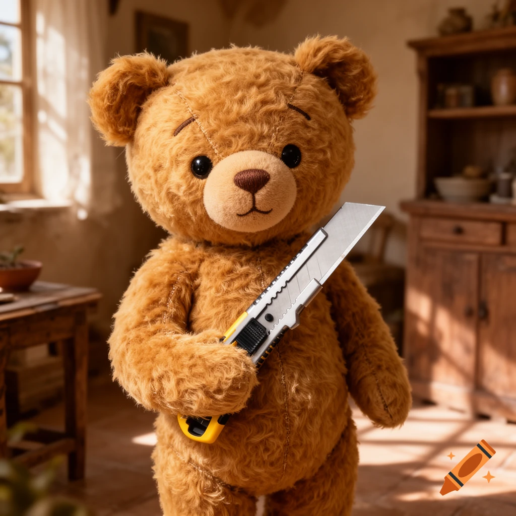 A photorealistic brown teddy bear holding a silver and yellow utility knife in a rustic indoor setting.