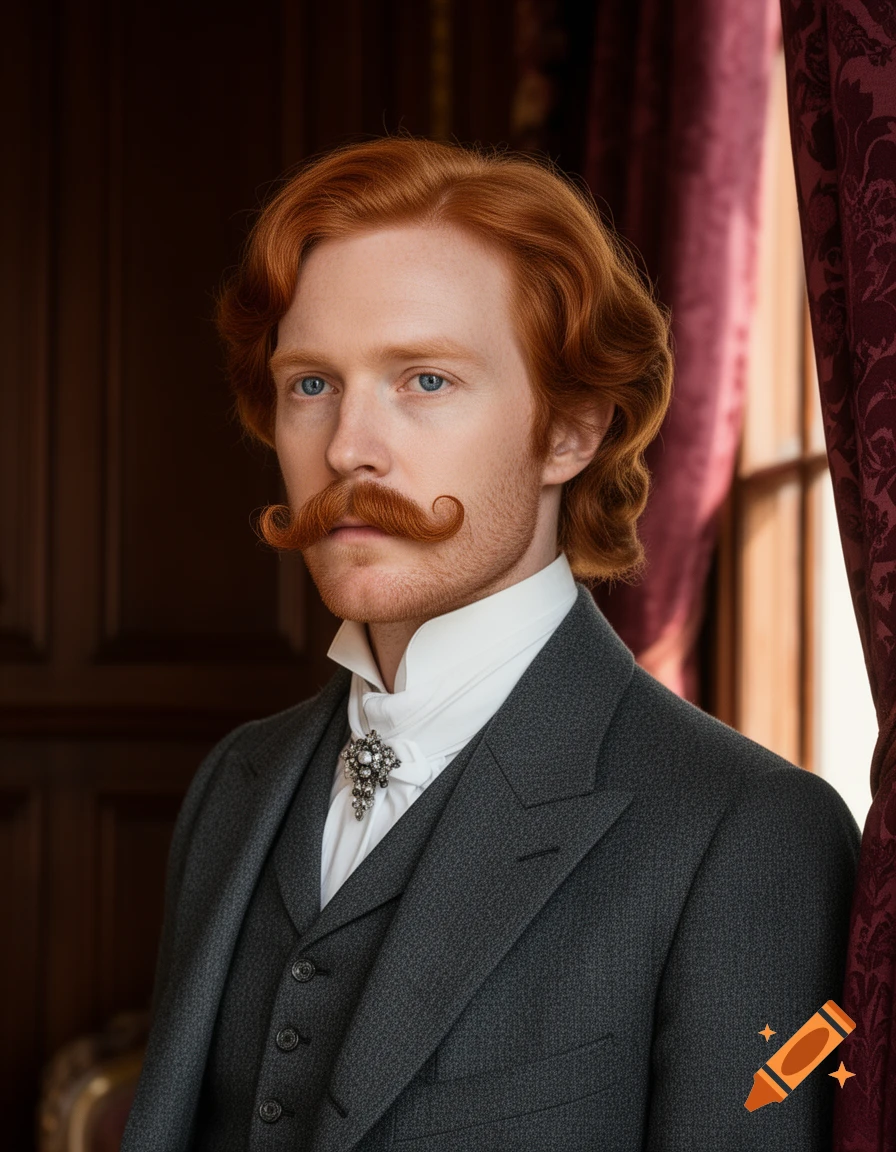 Photorealistic portrait of a Victorian man with red hair, curly mustache, and a gray suit with a brooch.